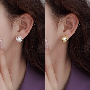 韩系时尚 几何珍珠耳钉女小众设计线条缠绕耳环百搭高级感耳饰