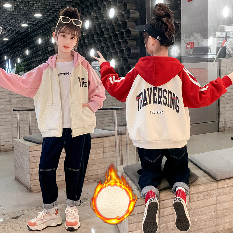 秋冬季女童外套加厚加绒拉链连帽拼接宽松学生装卫衣中大童运动服