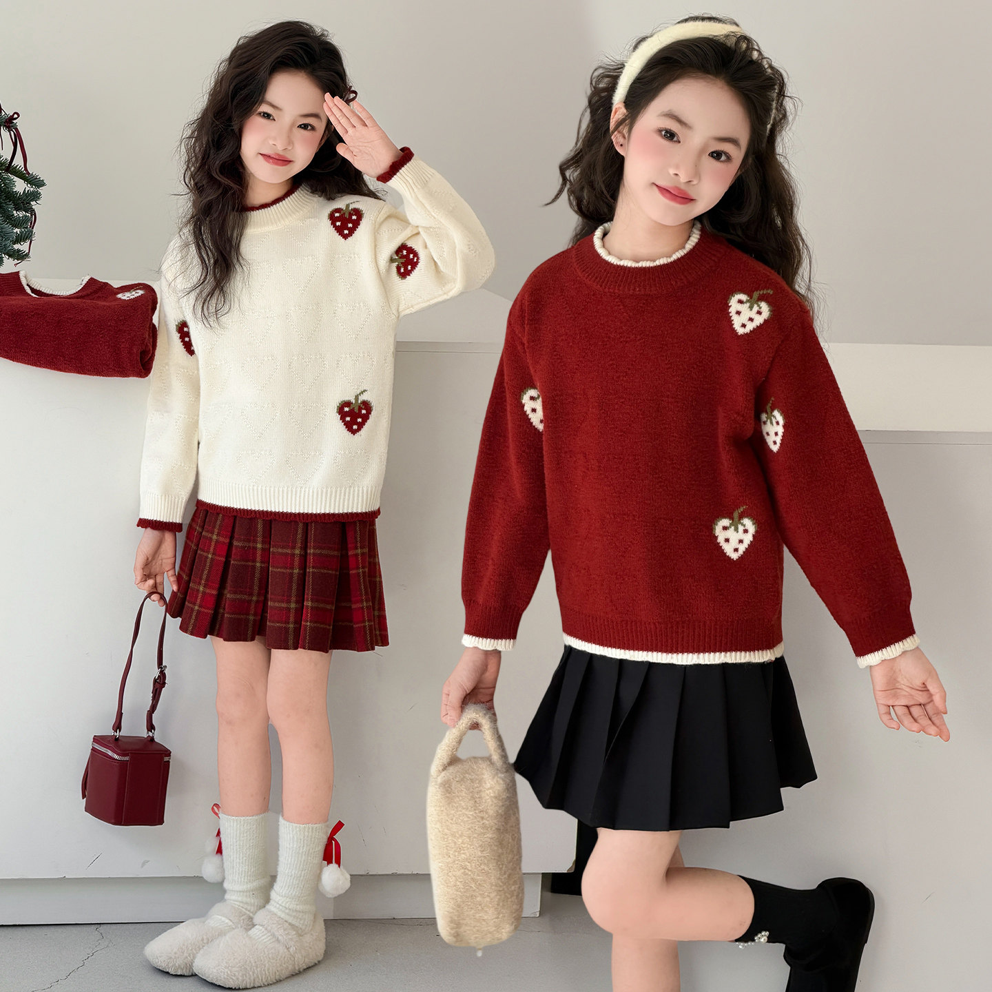 女童加厚毛衣甜美少女风草莓爱心2026秋冬新年红色针织衫洋气上衣