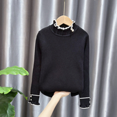 大童黑毛衫 一体绒女童毛衣半高领上衣春秋儿童薄款 洋气打底针织衫