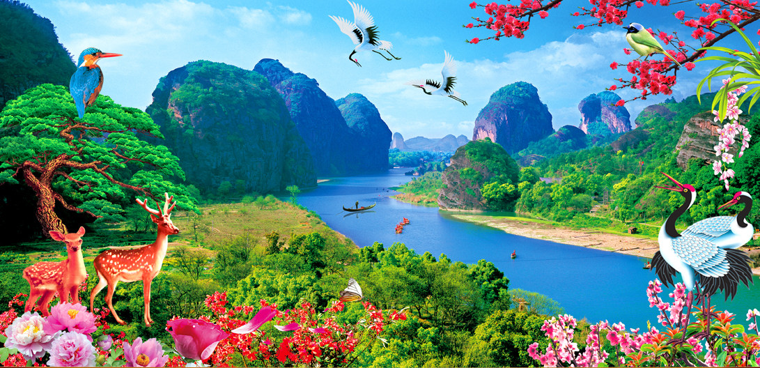 河流山水湖泊自然山水风景海报流水生财招财画湖光山色中堂画170c