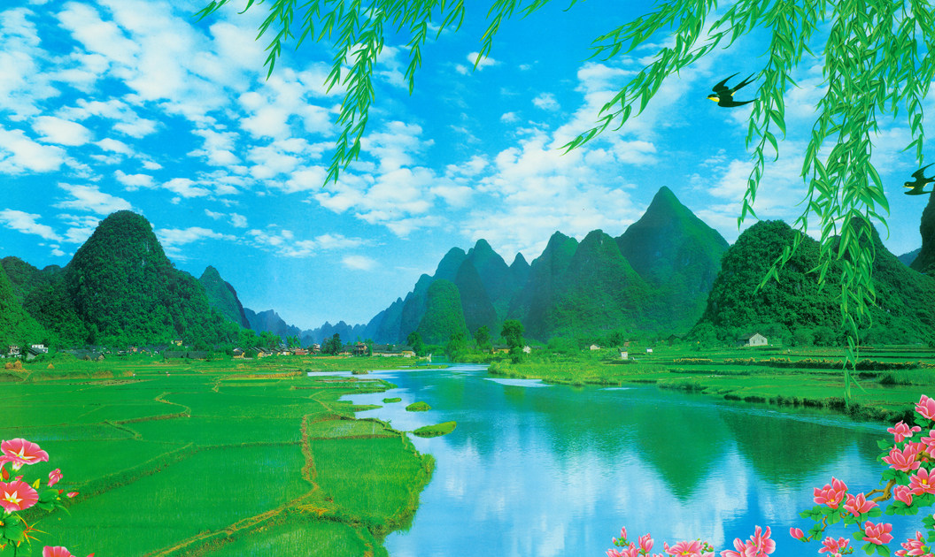 河流山水湖泊自然山水风景海报流水生财招财画湖光山色中堂画141c