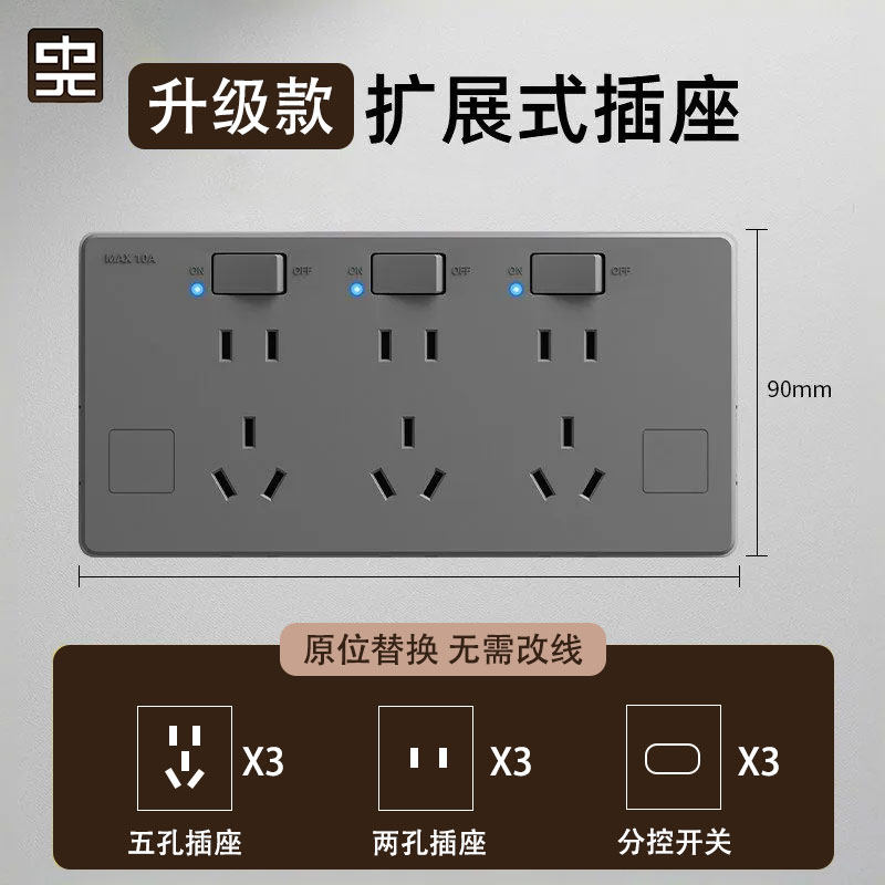 明装原位替换扩展式插座带LED灯扩展面板多孔家用多功能电源插座