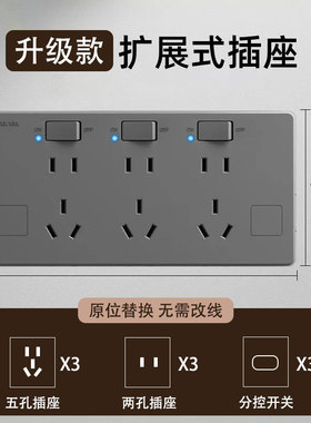 明装原位替换扩展式插座带LED灯扩展面板多孔家用多功能电源插座