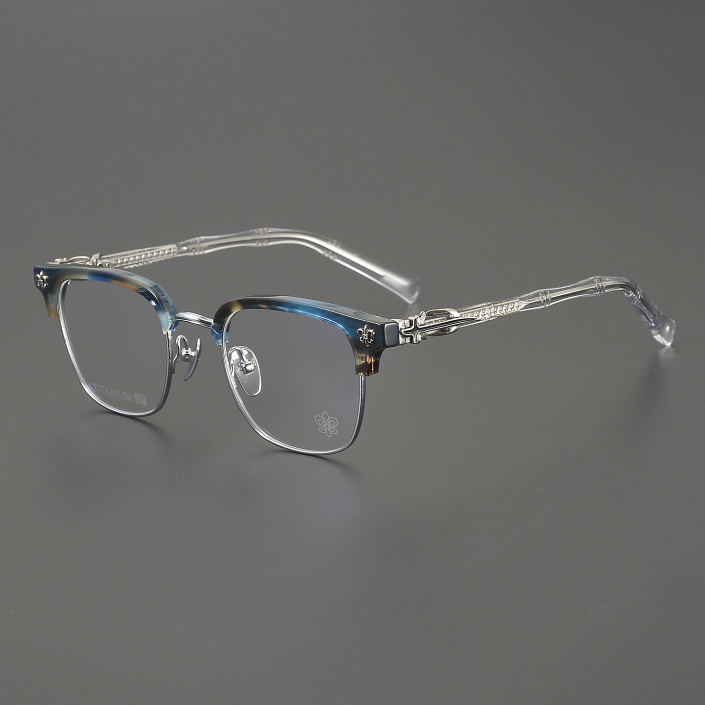 高品质复古眉线框防蓝光镜半框透明蓝色个性雕花商务时尚男女近视