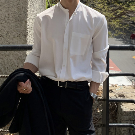 白色衬衫男士高级感痞帅ins潮日系工装宽松高端内搭无领长袖衬衣