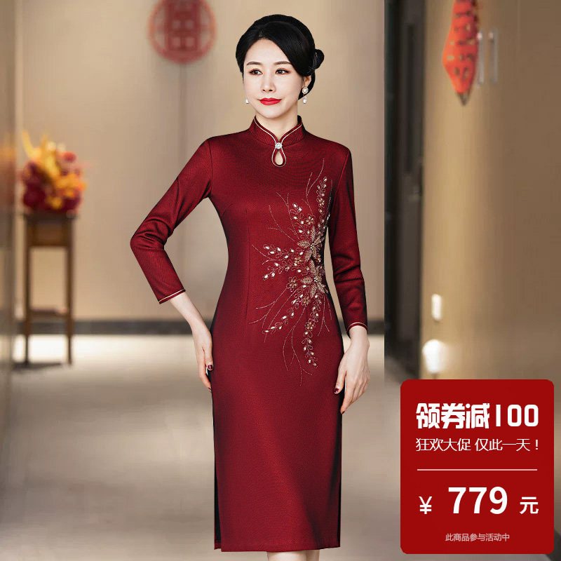 加绒加厚保暖旗袍中款长袖改良高端大气上档次婚礼敬酒服新娘妈妈
