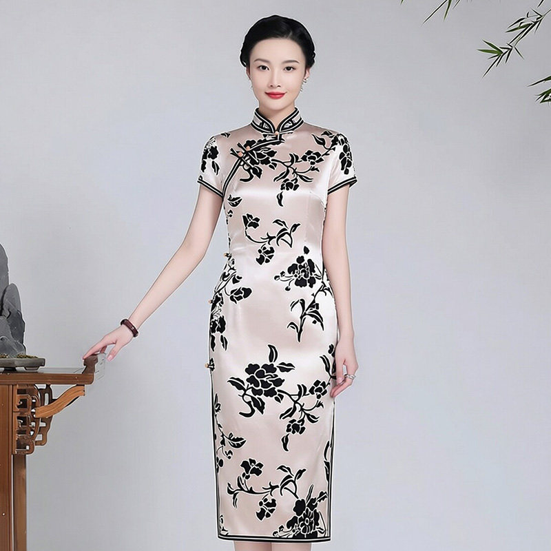 重磅真丝桑蚕丝旗袍中款及膝小个子妈妈性感新中式苏州古法年轻款