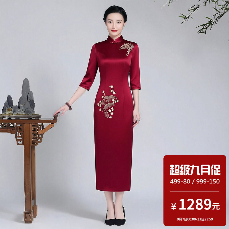 醋酸缎面旗袍长款七分袖高端妈妈婚礼气质显年轻胖mm大码高档奢华