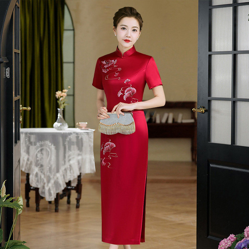 新款醋酸缎改良旗袍连衣裙喜婆婆婚宴结婚礼妈妈装礼服敬酒服长款