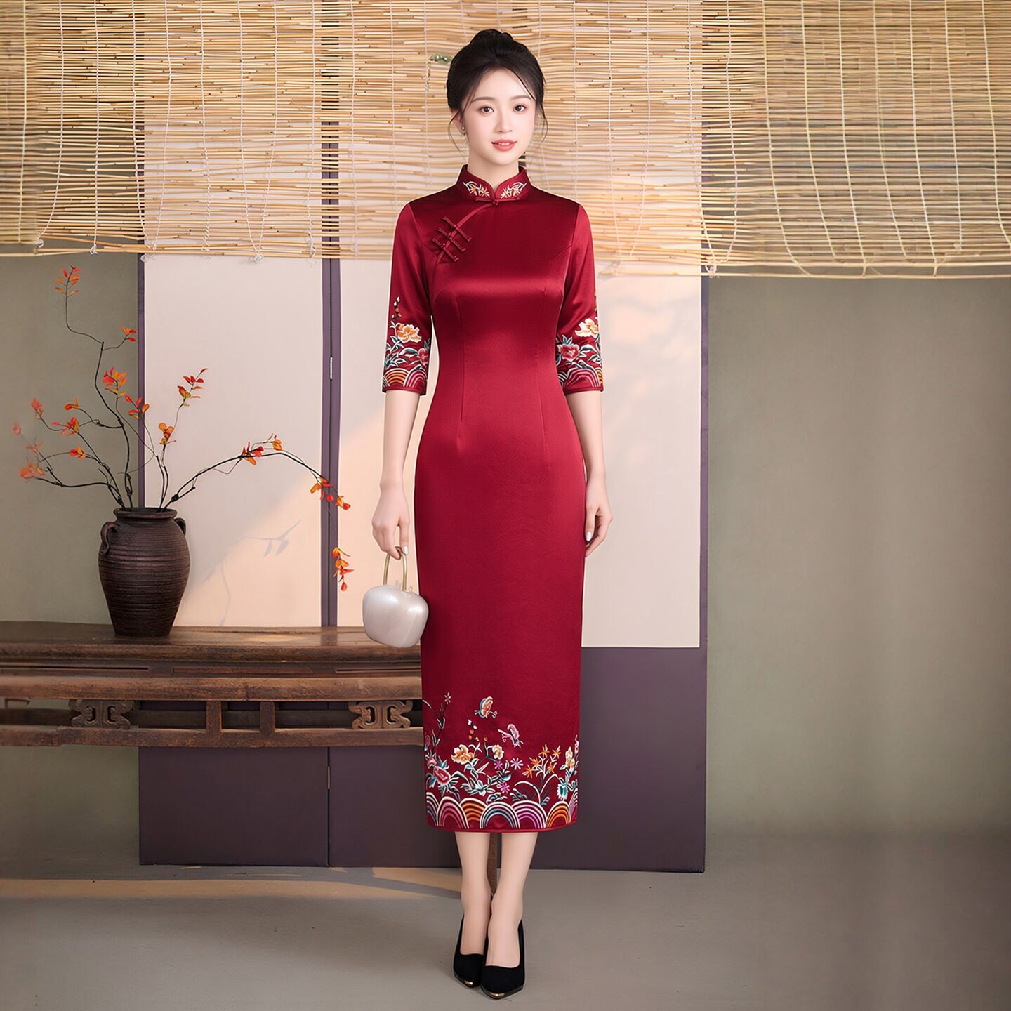 醋酸缎面旗袍长款刺绣花喜婆婆婚宴装2023新款秋冬款女新中式微胖