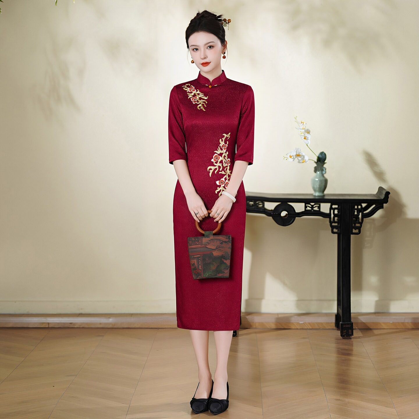 高档醋酸缎面旗袍中长款喜服婚宴改良式中国风喜妈妈装小个子结婚