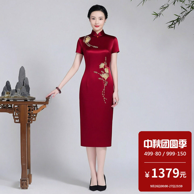 醋酸缎面旗袍中长款敬酒服新娘妈妈高端大气小个子适合参加婚礼的