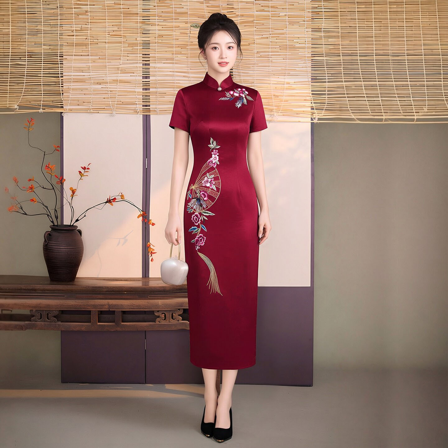 高端醋酸缎面旗袍长款七分袖喜婆婆姨妈妈装礼服品牌春秋高端大气