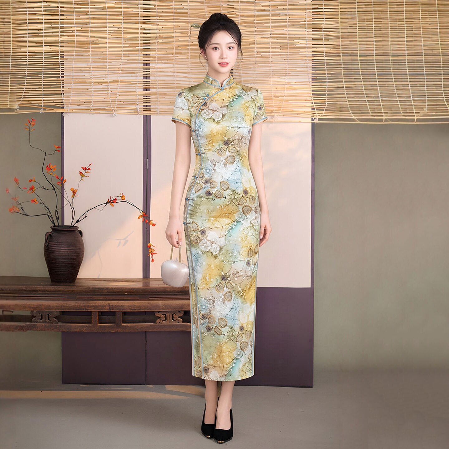 重磅真丝桑蚕丝旗袍长款走秀演出妈妈装复古传统高档手工盘扣中式