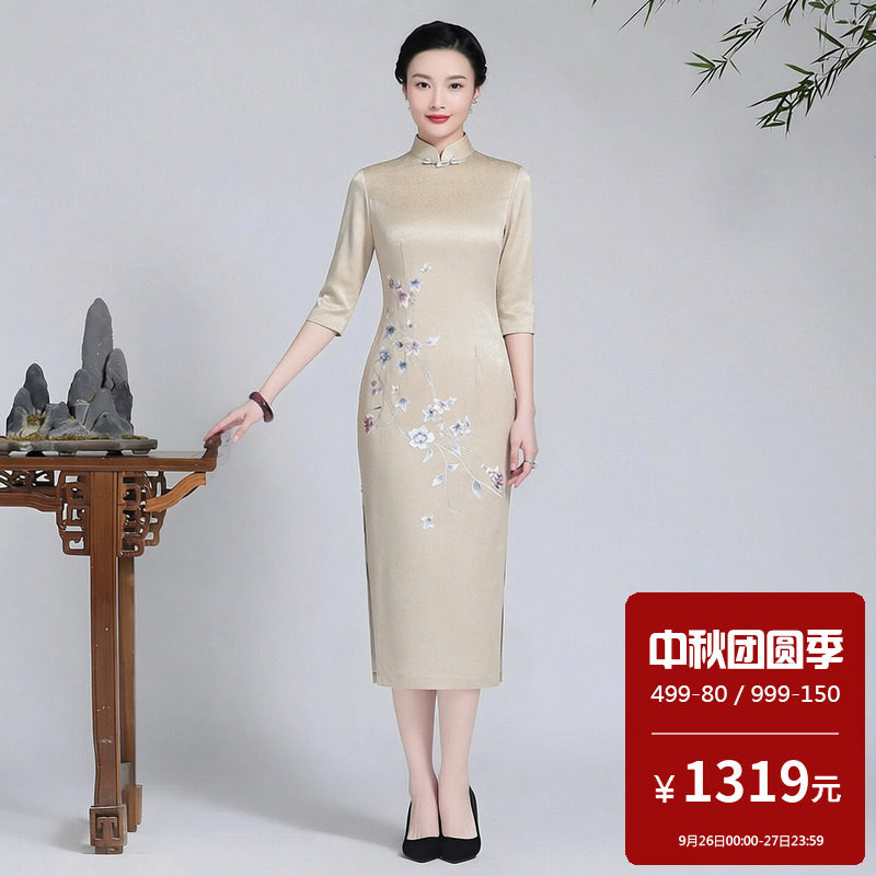 醋酸缎面旗袍中长款改良高端大气上档次婚礼敬酒服新娘妈妈装礼服