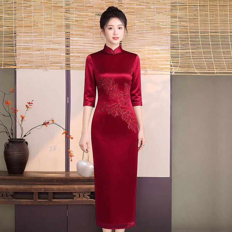 醋酸缎面料旗袍长款七分袖姨妈妈礼服儿子结婚喜婆婆穿的高端品牌