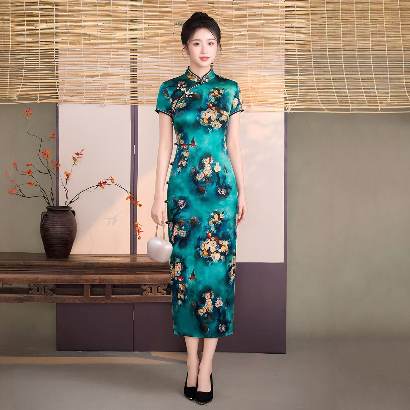 高端真丝桑蚕丝旗袍长款绿底花色演出走秀妈妈装老上海2025新款春