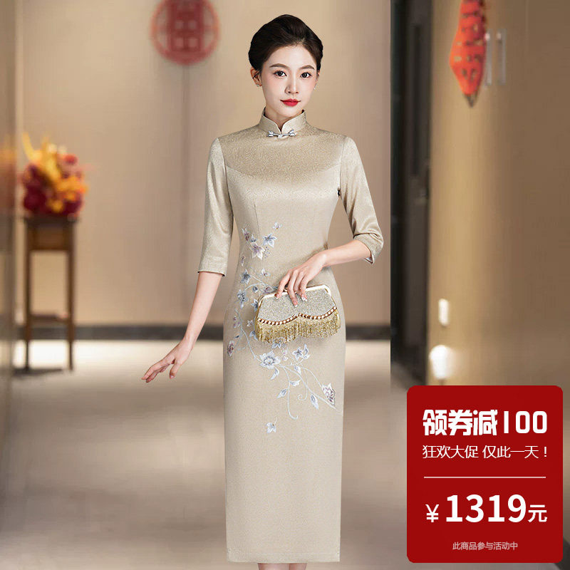 醋酸缎面旗袍中长款改良高端大气上档次婚礼敬酒服新娘妈妈装礼服