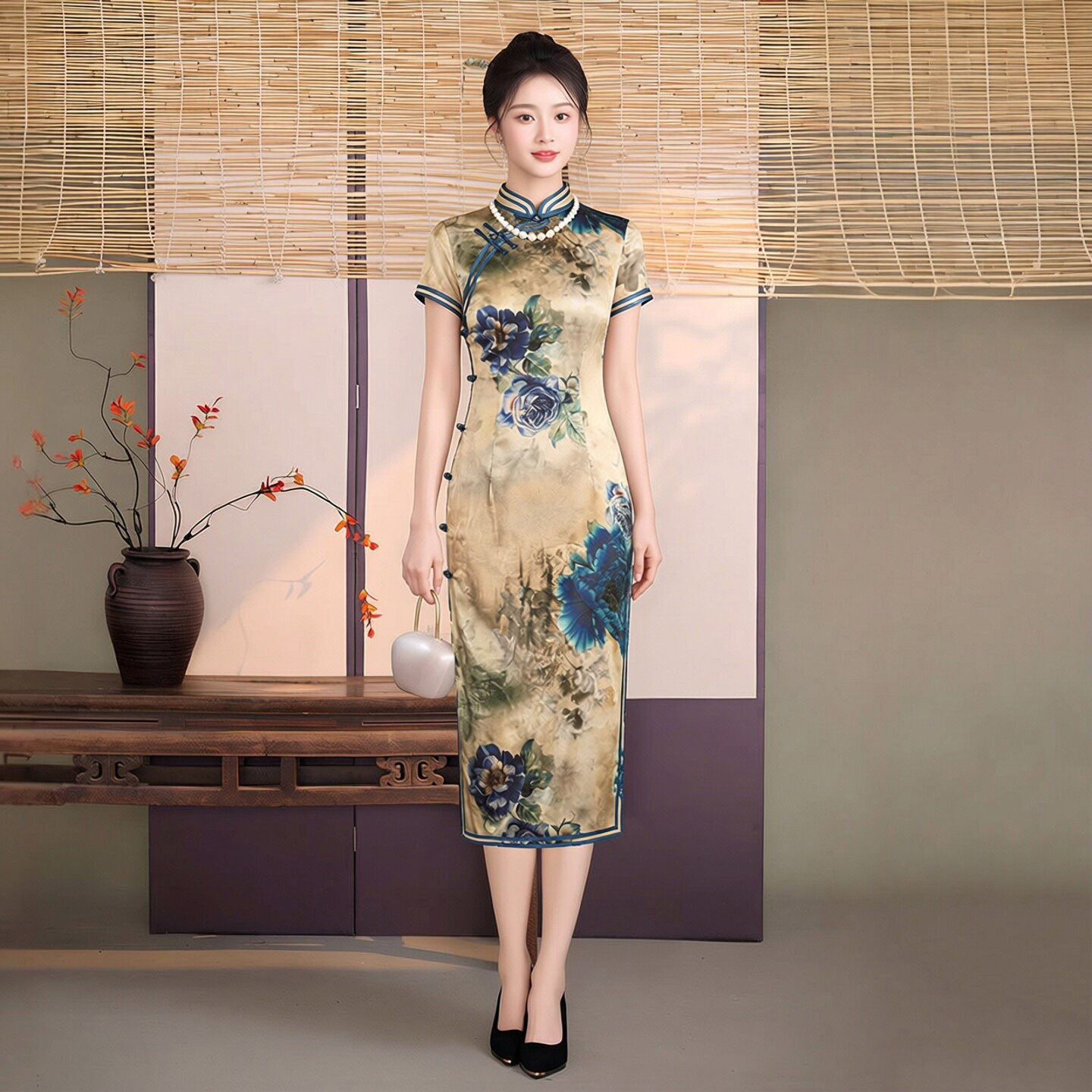 重磅真丝桑蚕丝旗袍中长款年轻款时尚老上海复古传统新中式妈妈装