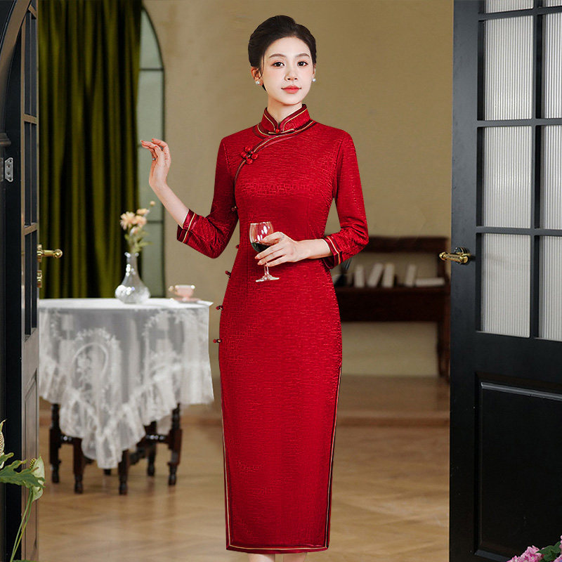 弹力针织提花旗袍中长袖喜婆婆婚宴装2026新款喜妈妈女新中式高端