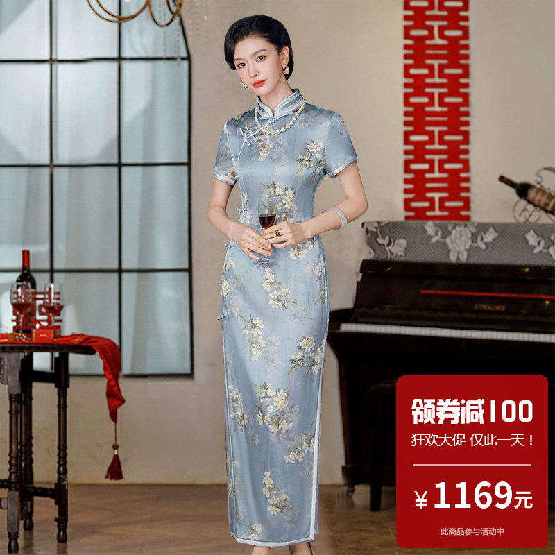 重磅真丝桑蚕丝旗袍裙长款短袖高端大气上档次春秋模特走秀年轻款