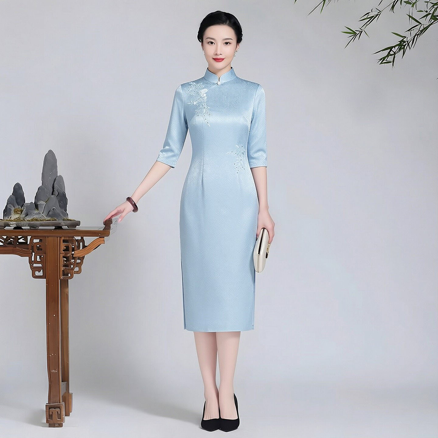 醋酸缎面旗袍短款女高级感小个子年轻款妈妈装婚礼服参加女儿结婚