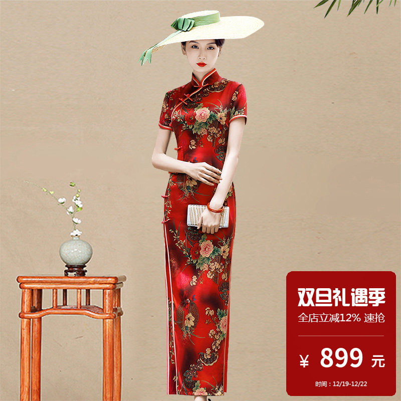 真丝蚕丝现代旗袍女改良时尚年轻款红色小个子气质高端晚礼服性感