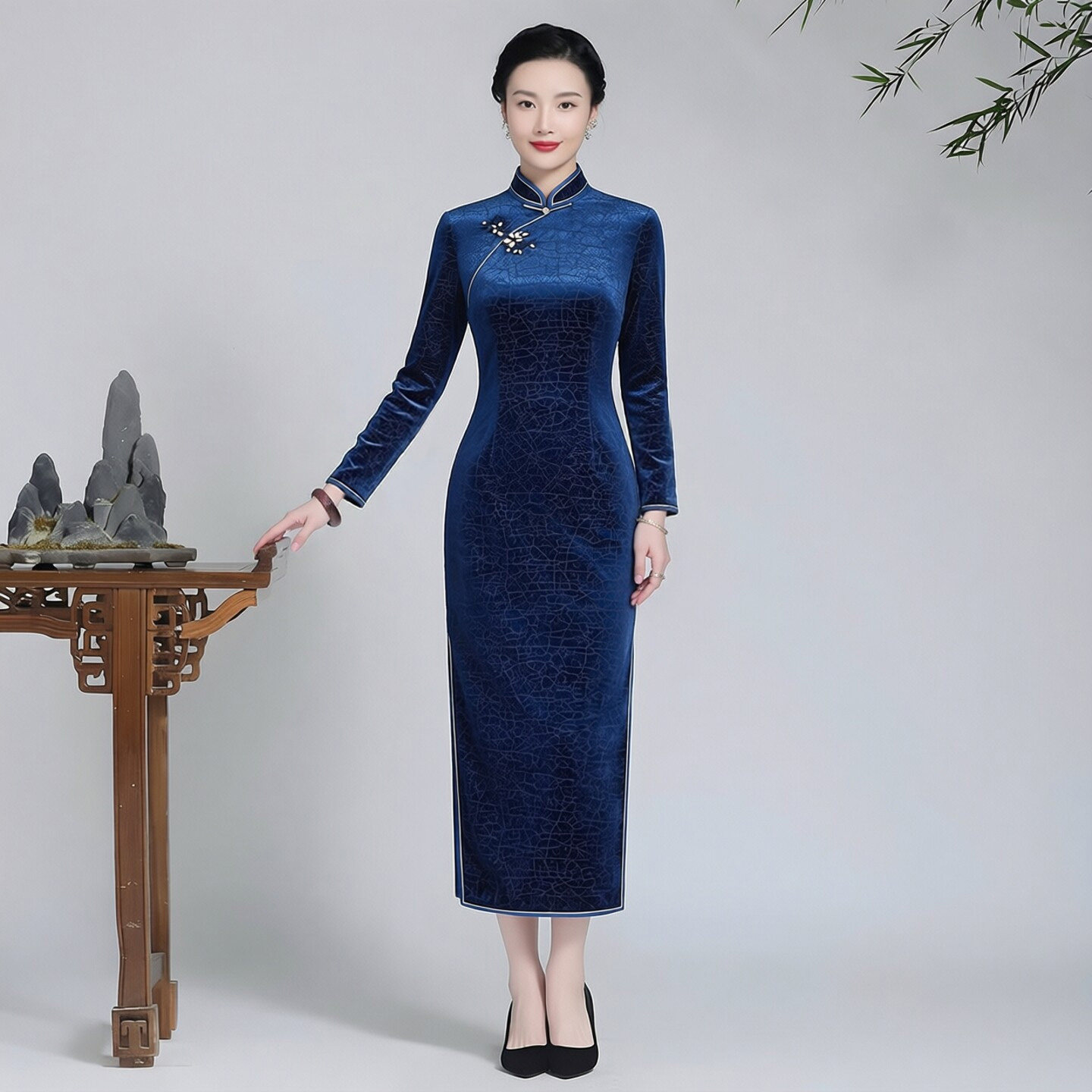 丝绒龟裂纹旗袍裙长款长袖连衣裙穿搭秋冬女士日常可穿通勤新中式