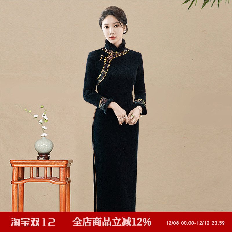 加厚水貂绒旗袍长款老上海复古传统年轻款民国时期日常可穿秋冬装