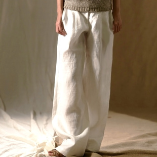 原创设计女装原时白色亚麻女休闲裤