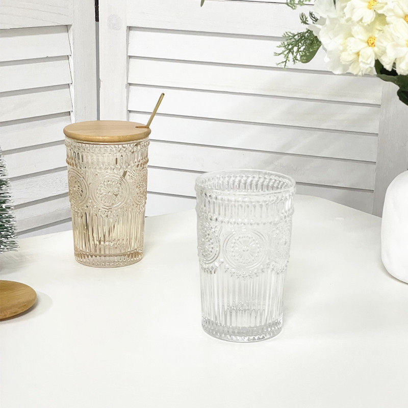 玻璃杯女夏季浮雕玻璃吸管喝水杯子咖啡牛奶杯高颜值带盖家用复古