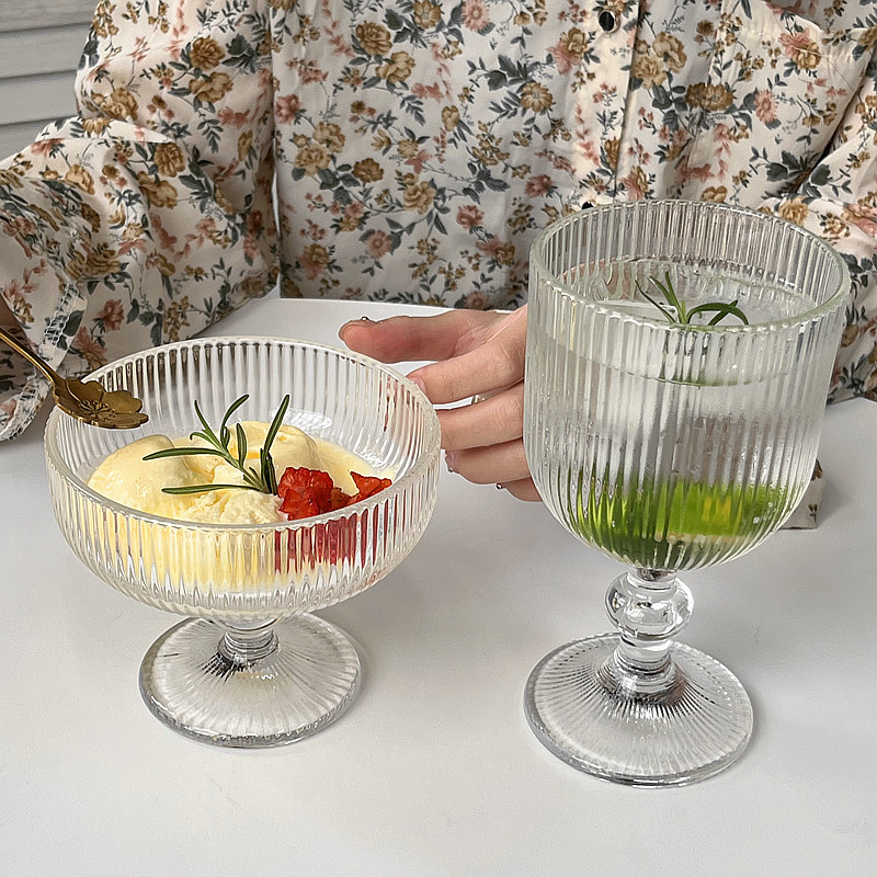 玻璃竖纹高脚杯果汁甜品冰淇淋杯