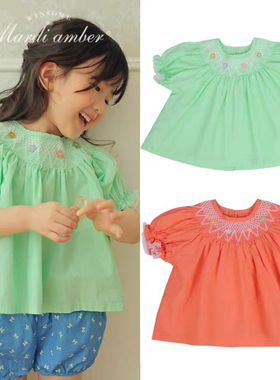 Amber韩国正品童装 女童刺绣小花朵褶皱娃娃衫衬衫T恤 haha童装