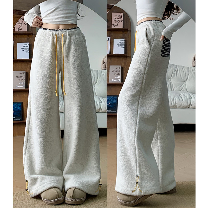 白色摇粒绒运动裤女秋冬加绒加厚保暖防寒棉裤子宽松束脚阔腿卫裤