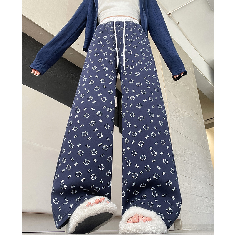 白色阔腿裤女2025年秋新款高腰直筒垂感宽松慵懒风印花休闲运动裤