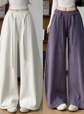 紫色弯刀运动裤女秋冬季2025新款宽松梨形报恩阔腿裤休闲加绒卫裤