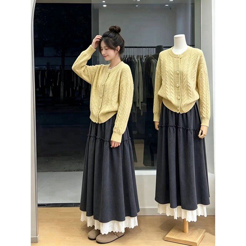 黑色毛呢半身裙女秋冬2026新款柔软蕾丝花边a字裙伞裙超美中长裙