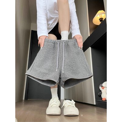 灰色特厚羊羔绒短裤女秋冬季加绒显瘦小个子打底保暖a字毛绒靴裤