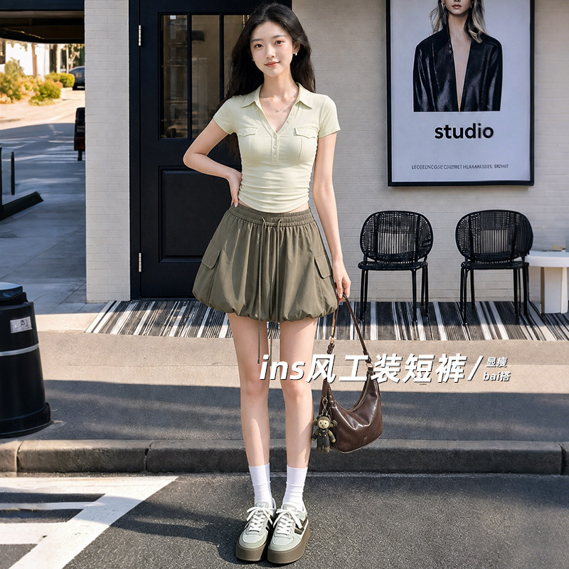 绿色花苞短裤女夏外穿2026新款a字慵懒设计感蓬蓬半身裙裤