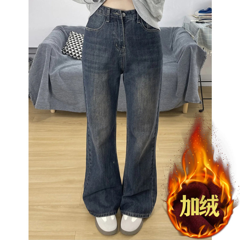 秋冬加绒不贴腿微喇裤宽松喇叭裤胖mm大码显瘦裤子女窄版阔腿牛仔