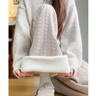 白色加绒阔腿裤女秋冬季麻花纹加厚宽松bf慵懒风小个子雪尼尔裤子