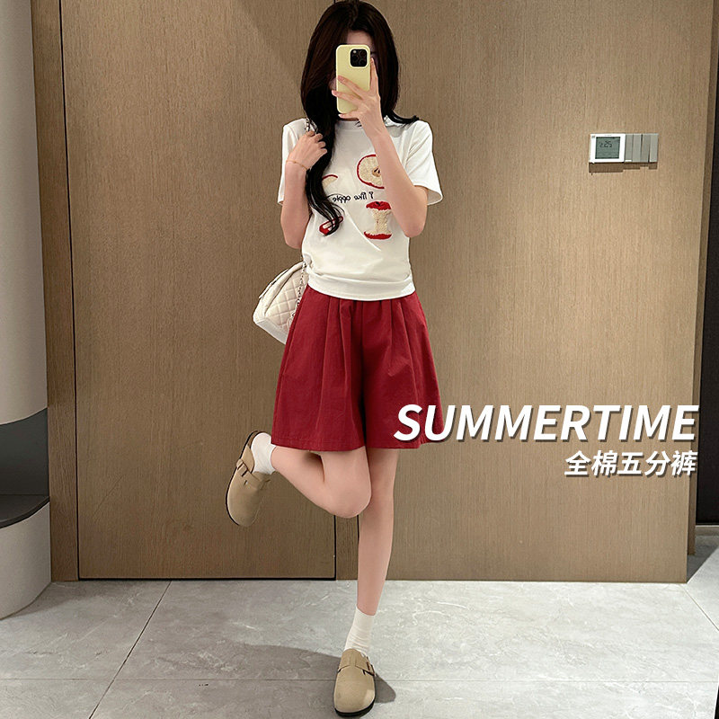 红色纯棉五分裤女2026新款温柔宽松休闲裤