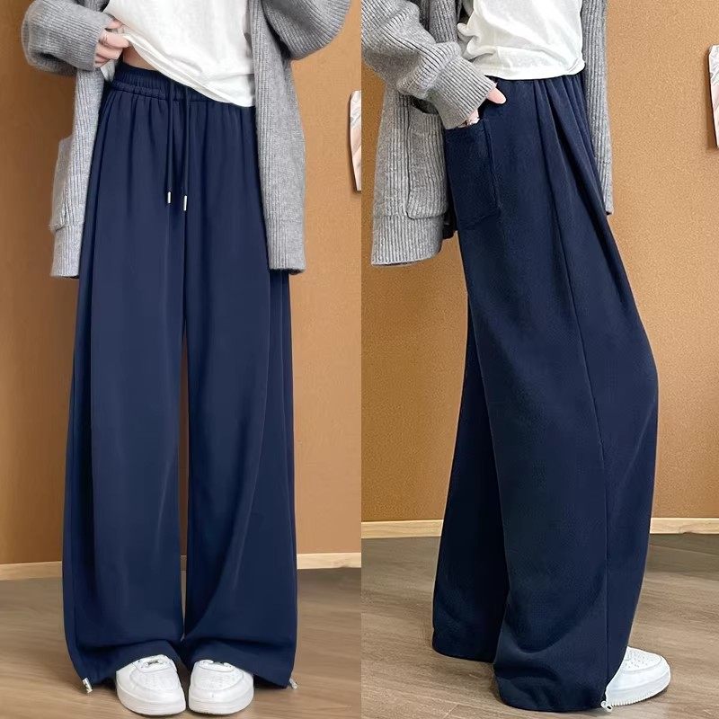 藏青色加绒阔腿裤女冬季2025新款加厚束脚显瘦小个子休闲运动卫裤