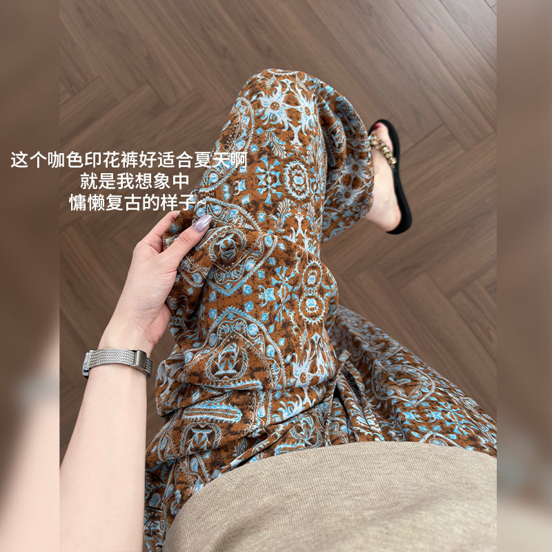 2026夏季新款高腰复古印花宽松舒适九分休闲裤裤子薄款