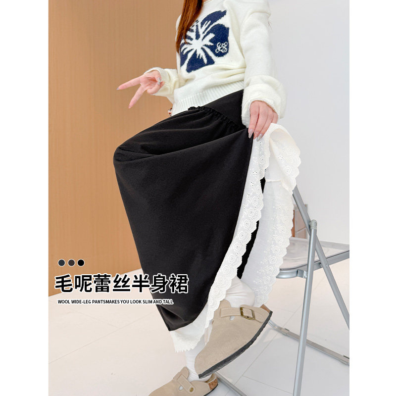 黑色毛呢半身裙女秋冬2026款柔软蕾丝花边a字裙伞裙超美中长裙