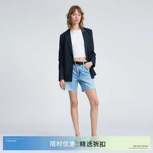 Rag&Bone浅蓝高腰毛边牛仔短裤