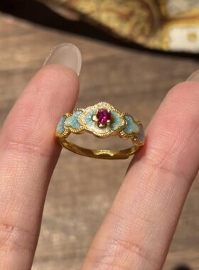 中古珐琅滴釉红宝石宫廷风女戒