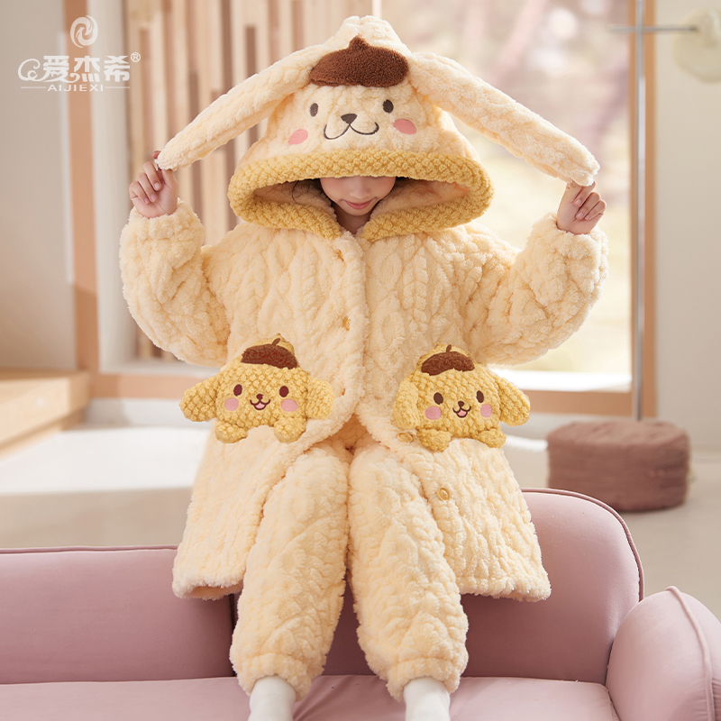 冬季三层夹棉睡衣女童珊瑚绒加厚加绒冬天可外穿家居服套装法兰绒