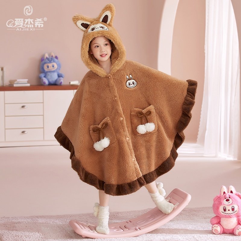 斗篷披风儿童睡袍女童睡衣冬季保暖珊瑚绒卡通女孩亲子连帽家居服